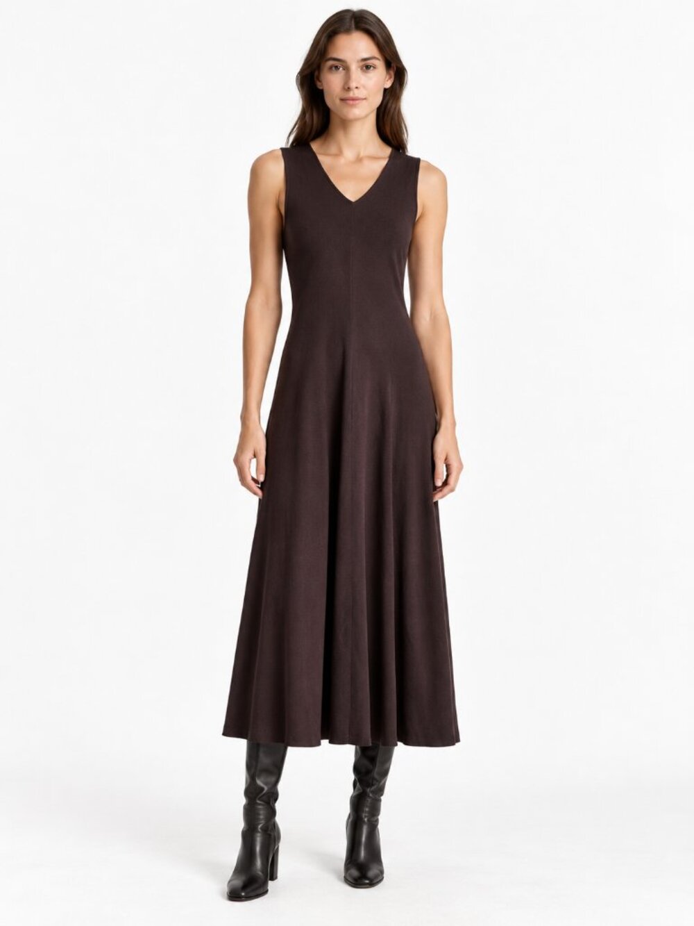 Modern Citizen Chocolate Brown Sleeveless V Neck Knit Midi Dress Extra Small